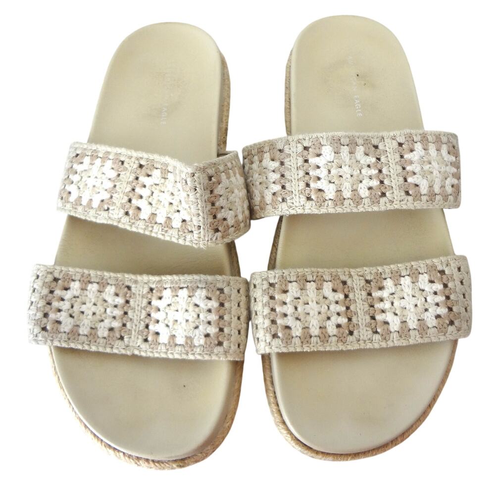 American Eagle Crochet Double Strap Slide Sandal Woven Espadrille Womens 8 Tan